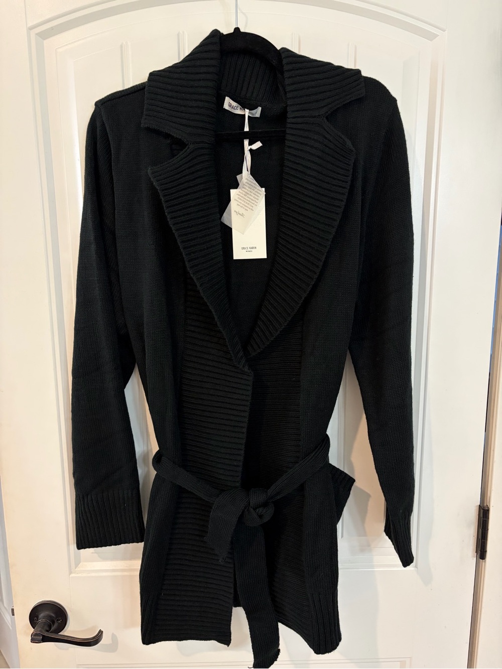Grace Karin Black Ribbed Knit Wrap Cardigan with Belt